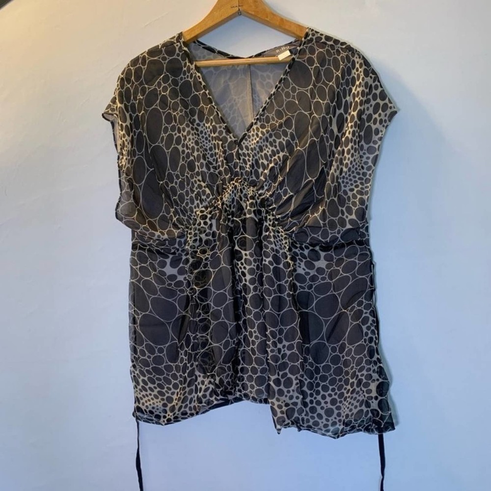 r 89 Black Beige Circle print Silk blouse S - Picture 2 of 12